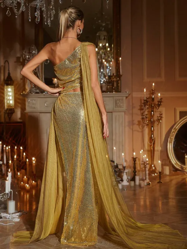 Embellishment|Dresses*Embellishment Harfford One Shoulder Cutout Sequin Maxi Dress