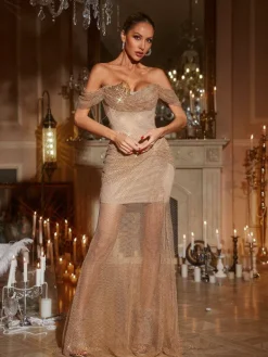 Embellishment|Dresses*Lu Yili Harva Off Shoulder Diamond Mesh Maxi Dress
