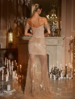 Embellishment|Dresses*Lu Yili Harva Off Shoulder Diamond Mesh Maxi Dress