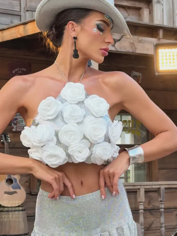 Tops*Mew Mews Fashion Hatim Halterneck Flower Chainmail Top