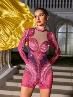 Jumpsuits & Romper|Embellishment*Embellishment Havilya Long Sleeve Embellished Romper In Hot Pink