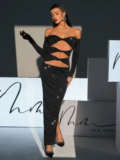 Dresses|Maxi Dresses*Mew Mews Fashion Hedwig Off Shoulder Rhinestone Cutout Maxi Dress