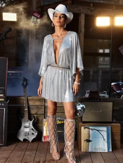 Dresses|Mini Dresses*Mew Mews Fashion O/S Helaine V Neck Crystal Chainmail Mini Dress