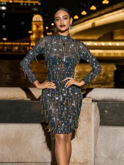 Embellishment|Dresses*Embellishment Hills Long Sleeve Fringe Rhinestone Mini Dress