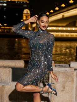 Embellishment|Dresses*Embellishment Hills Long Sleeve Fringe Rhinestone Mini Dress