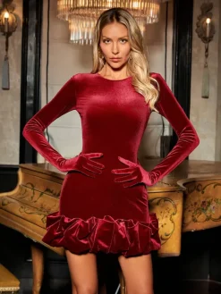 Dresses|Mini Dresses*Mew Mews Fashion Hiraku Ruffle Velvet Mini Dress