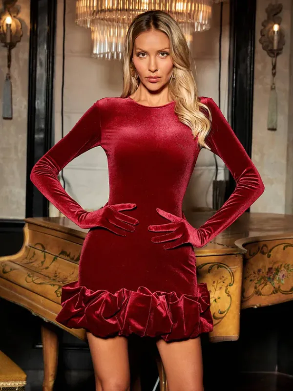 Dresses|Mini Dresses*Mew Mews Fashion Hiraku Ruffle Velvet Mini Dress