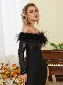Dresses*Mew Mews Fashion Hoku Off Shoulder Sequin Feather Maxi Dress