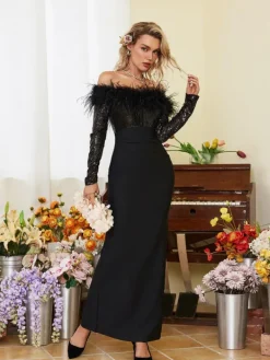 Dresses*Mew Mews Fashion Hoku Off Shoulder Sequin Feather Maxi Dress