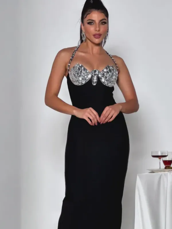 Dresses|Midi Dresses*Bandage Honorina Halterneck Rhinestone Midi Dress