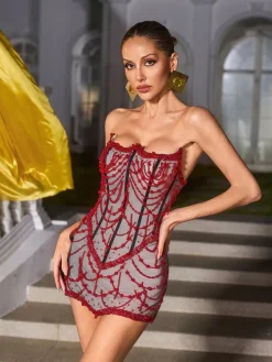 Embellishment|Dresses*Lu Yili Hyvanna Strapless Beaded Mini Dress