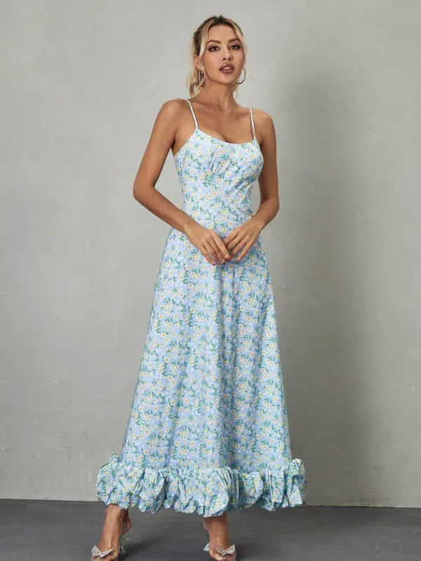 Dresses*Mew Mews Fashion Ilsa Spaghetti Floral Maxi Dress In Blue