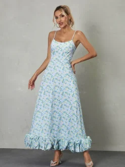 Dresses*Mew Mews Fashion Ilsa Spaghetti Floral Maxi Dress In Blue