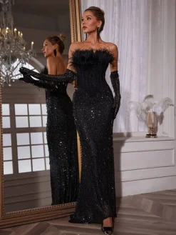 Embellishment|Dresses*Lu Yili Inaki Corset Feather Sequin Maxi Dress With Gloves