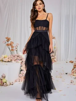 Dresses|Maxi Dresses*Mew Mews Fashion Inaya Mesh Maxi Dress In Black