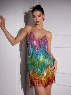 Embellishment|Dresses*Embellishment Indy V Neck Rainbow Crystal Fringe Mini Dress