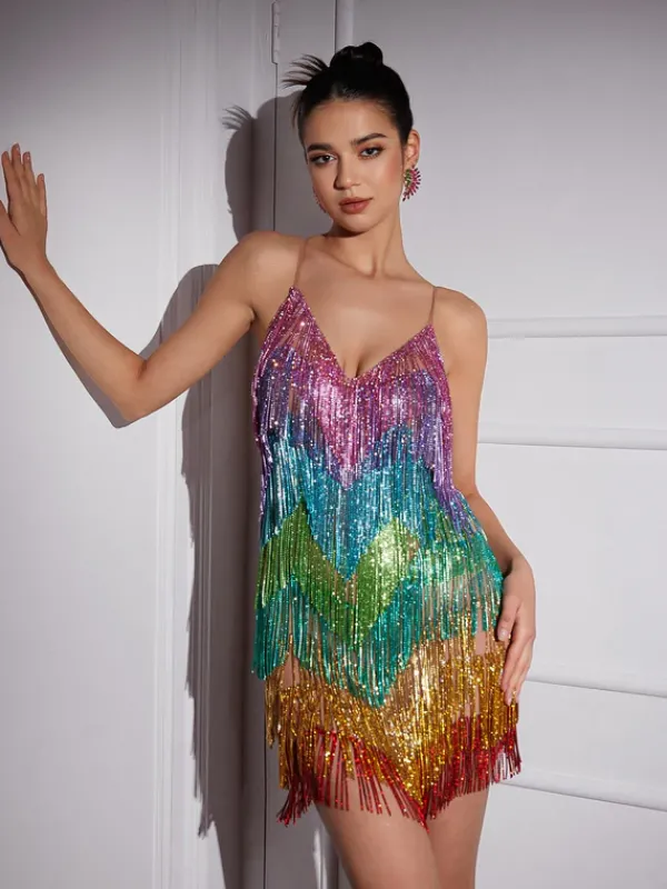 Embellishment|Dresses*Embellishment Indy V Neck Rainbow Crystal Fringe Mini Dress
