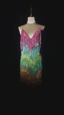 Embellishment|Dresses*Embellishment Indy V Neck Rainbow Crystal Fringe Mini Dress