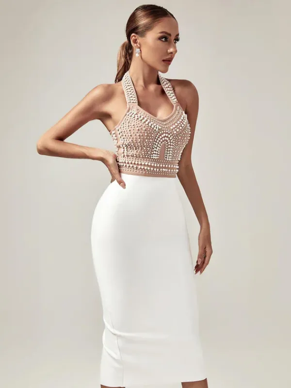 Dresses|Midi Dresses*Bandage Isabella Halterneck Pearls Dress In Beige