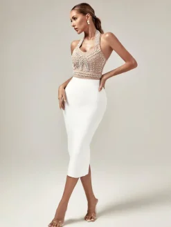 Dresses|Midi Dresses*Bandage Isabella Halterneck Pearls Dress In Beige