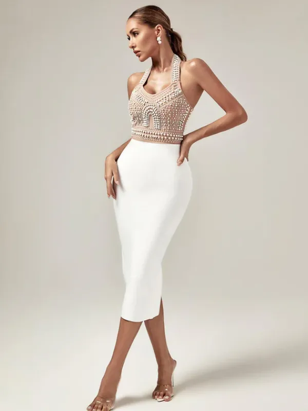 Dresses|Midi Dresses*Bandage Isabella Halterneck Pearls Dress In Beige
