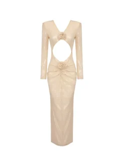 Dresses|Midi Dresses*Mew Mews Fashion Isak Long Sleeve Flower Cutout Sequin Dress In Apricot