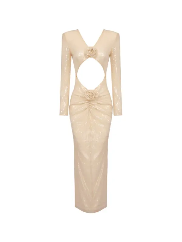 Dresses|Midi Dresses*Mew Mews Fashion Isak Long Sleeve Flower Cutout Sequin Dress In Apricot