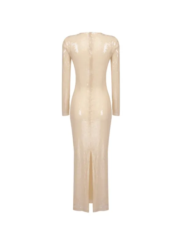 Dresses|Midi Dresses*Mew Mews Fashion Isak Long Sleeve Flower Cutout Sequin Dress In Apricot