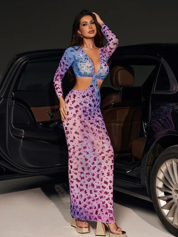 Embellishment|Dresses*Embellishment Issa Ombre Rhinestone Cutout Maxi Dress