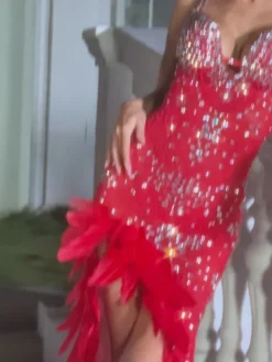 Dresses|Maxi Dresses*Jiu Bajia O/S Ixara Spaghetti Rhinestone Feather Split Maxi Dress