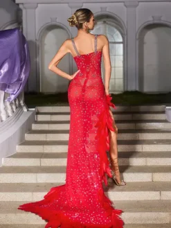 Dresses|Maxi Dresses*Jiu Bajia O/S Ixara Spaghetti Rhinestone Feather Split Maxi Dress
