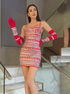 Embellishment|Dresses*Embellishment Izaiah Crystal Embellished Bandage Dress With Gloves In Red