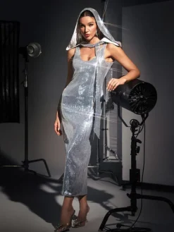 Dresses*Mew Mews Fashion Jafna Drape Back Silver Sequin Hooded Dress