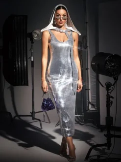 Dresses*Mew Mews Fashion Jafna Drape Back Silver Sequin Hooded Dress