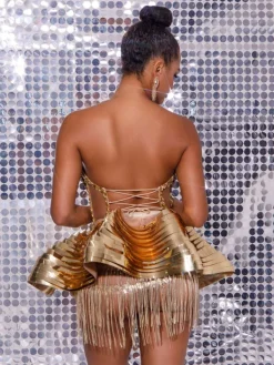 Sets & Co-ords|Embellishment*Embellishment O/S Jahdiel Crystal Fringe Metallic Skirt Set In Gold