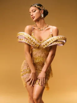 Dresses|Mini Dresses*Jiu Bajia Jaimarie Off Shoulder Rhinestone Fringe Mini Dress In Gold