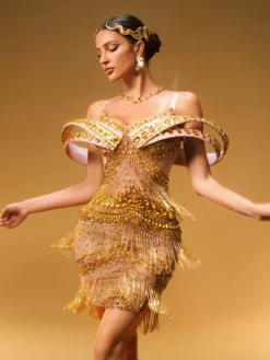 Dresses|Mini Dresses*Jiu Bajia Jaimarie Off Shoulder Rhinestone Fringe Mini Dress In Gold