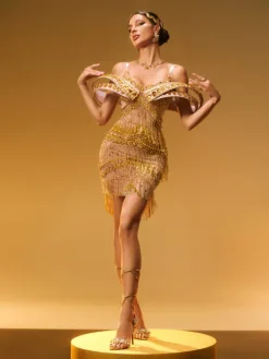 Dresses|Mini Dresses*Jiu Bajia Jaimarie Off Shoulder Rhinestone Fringe Mini Dress In Gold