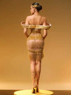 Dresses|Mini Dresses*Jiu Bajia Jaimarie Off Shoulder Rhinestone Fringe Mini Dress In Gold