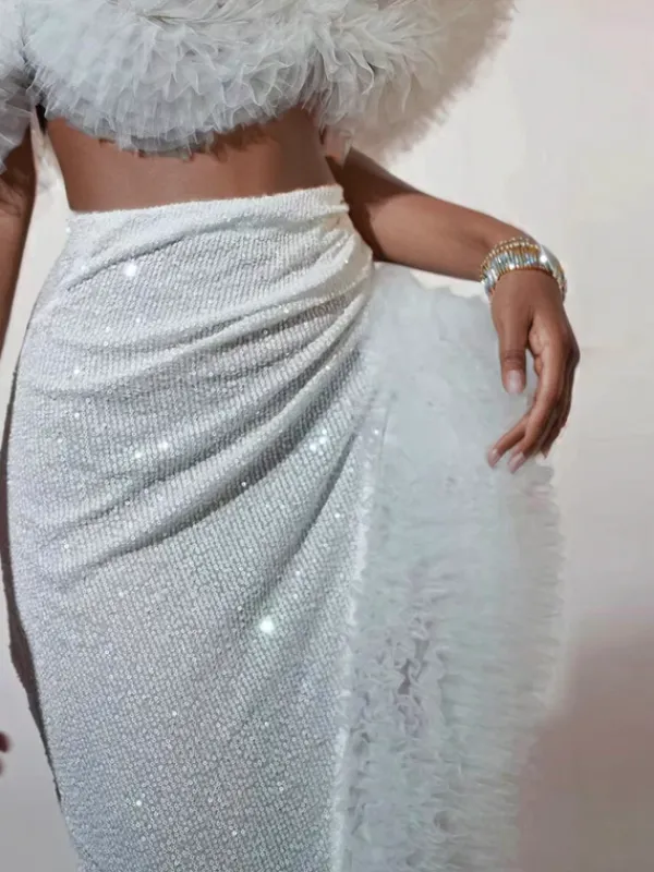 Sets & Co-ords*Jiu Bajia O/S Jalynne Corset Tulle Trimmed Sequin Skirt Set In White