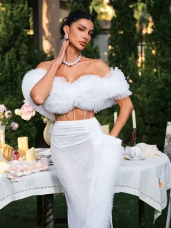 Sets & Co-ords*Jiu Bajia O/S Jalynne Corset Tulle Trimmed Sequin Skirt Set In White
