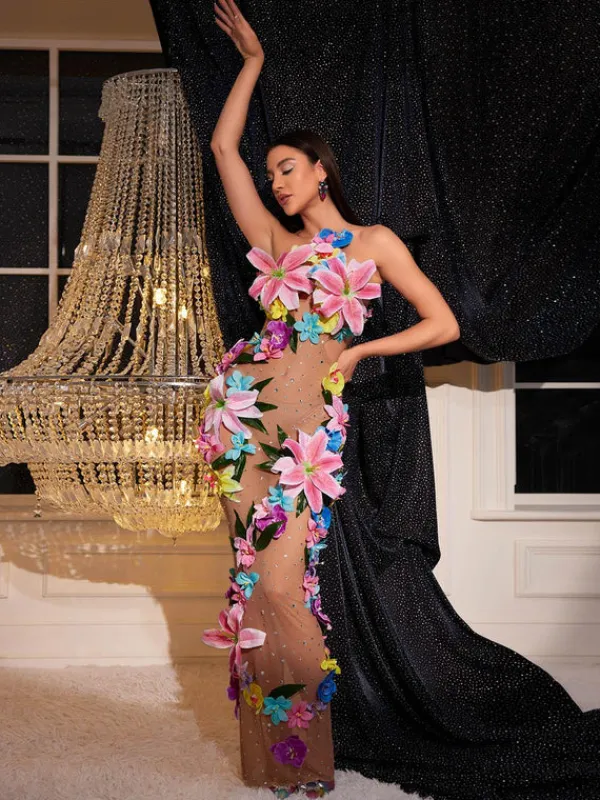 Dresses|Maxi Dresses*Mew Mews Fashion Jamshid Backless Flower Rhinestone Mesh Dress