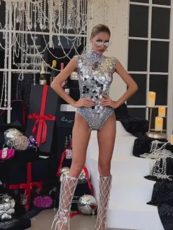 Bodysuits|Tops*W Jia Jase Sleeveless Acrylic Embellished Bodysuit