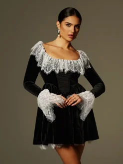 Dresses|Mini Dresses*Mew Mews Fashion Jaxon Lace Trimmed Velvet Mini Dress