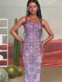 Embellishment|Dresses*Embellishment Jaylen Strapless Floral Rhinestone Maxi Dress