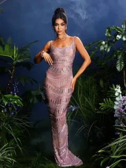 Embellishment|Dresses*Embellishment Jennlika Spaghetti Rhinestone Mesh Maxi Dress