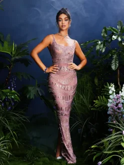 Embellishment|Dresses*Embellishment Jennlika Spaghetti Rhinestone Mesh Maxi Dress