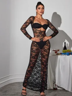 Dresses|Maxi Dresses*Mew Mews Fashion Jerryl Long Sleeve Cutout Lace Maxi Dress In Black