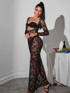 Dresses|Maxi Dresses*Mew Mews Fashion Jerryl Long Sleeve Cutout Lace Maxi Dress In Black