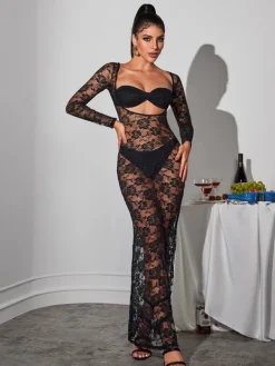 Dresses|Maxi Dresses*Mew Mews Fashion Jerryl Long Sleeve Cutout Lace Maxi Dress In Black